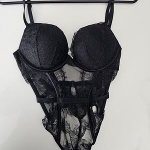 Victoria's Secret Push Up Black Lace Bra Bodysuit Lingerie